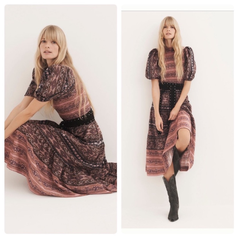 Anthropologie Pink And Black Patterned Puff-Sleeve Midi Dress